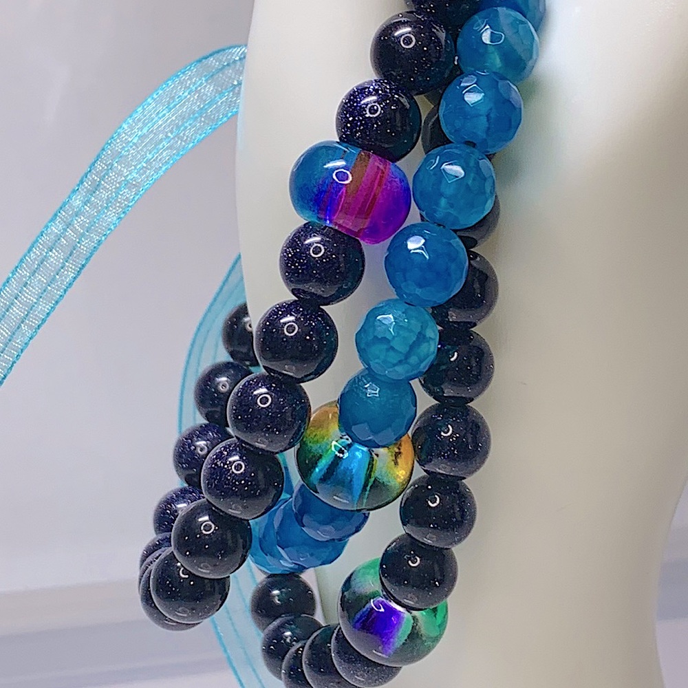 BLUE SANDSTONE + DRAGON VEINS  AGATE SET NATURAL BRACELETS size 7” - Picture 2 of 8